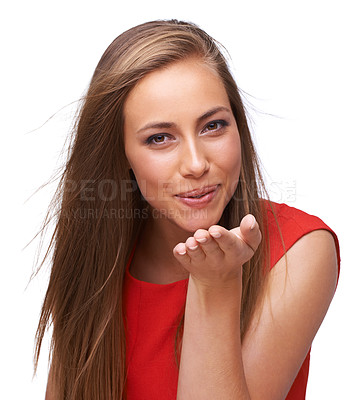 Buy stock photo Woman, blow kiss and model portrait with isolated white background to show love and happiness. Romantic, beauty and hand blowing kisses of a young person feeling beautiful and happy in studio