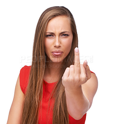 Buy stock photo Middle finger, rude woman and portrait in studio, isolated white background and anger. Female model, obscene gesture and tongue out for angry opinion, bad emoji or sign of hate, rejection or conflict