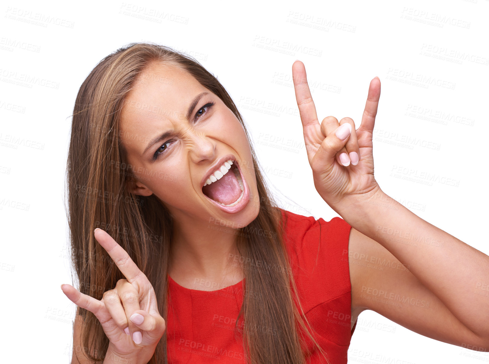 Buy stock photo Rock and roll, hands and portrait of woman on a white background for freedom, energy and heavy metal music. Comic, emoji and face of girl isolated in studio for rock hand gesture, punk and attitude