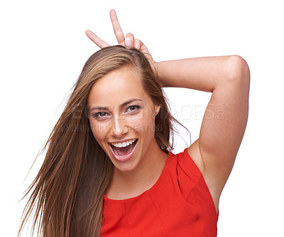 Buy stock photo Comic, funny and bunny ears portrait of woman with happy, joyful and cheerful smile in studio. Happiness, crazy and funny face of isolated and goofy girl with rabbit ears at white background.