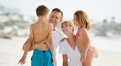 Buy stock photo Parents, children and hug on beach in summer for holiday on island or bonding, connection or vacation. Man, woman and siblings with embrace in Florida together or outdoor happiness, travel or relax