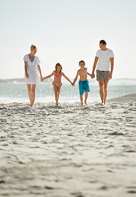 Buy stock photo Parents, children and beach on vacation in summer with holding hands and smile for happiness in Florida. Family, adventure and travel for holiday with kids to relax, fun and enjoy trip in seaside.