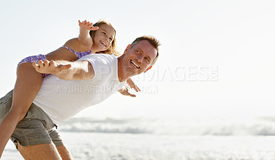 Buy stock photo Father, child and airplane game on beach holiday together or playing flying on summer vacation, bonding or travel. Man, daughter and happy at ocean on back in Florida for island, relax or outdoor