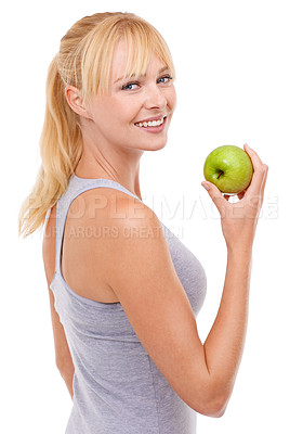 Buy stock photo Portrait, smile and woman with apple for diet, benefits or food to lose weight in studio. Healthy eating, nutrition and happy face of girl with fruit for body wellness, digestion and white background