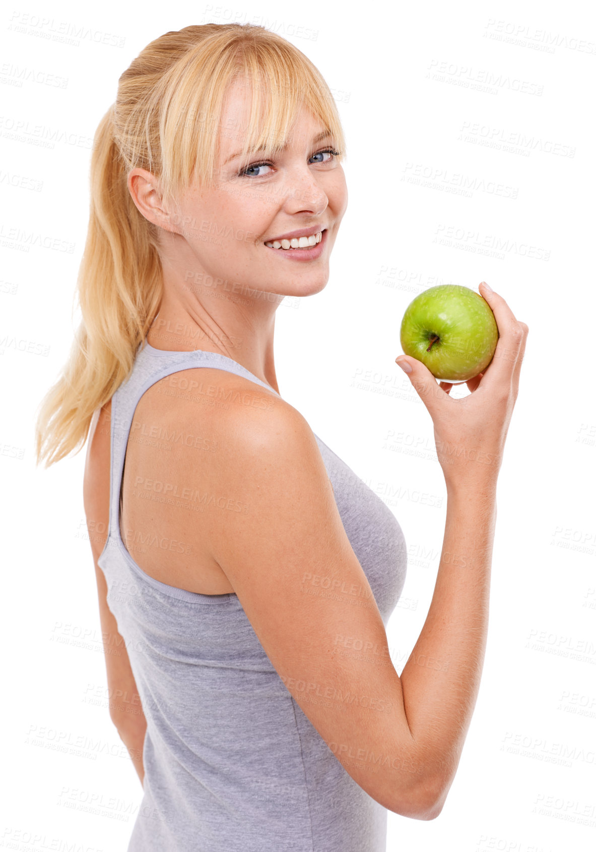 Buy stock photo Portrait, smile and woman with apple for diet, benefits or food to lose weight in studio. Healthy eating, nutrition and happy face of girl with fruit for body wellness, digestion and white background