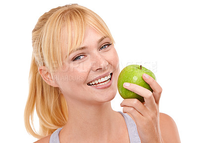 Buy stock photo Smile, studio and portrait of woman with apple for vegan, diet and nutrition benefits for wellness. Food, face and happy person with fruit for vitamin c, detox and gut health on white background
