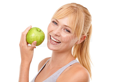 Buy stock photo Woman, happy and portrait in studio with apple for detox, diet and nutritional benefits for wellness. Smile, face and person with fruit for vitamin c, vegan and gut health on white background