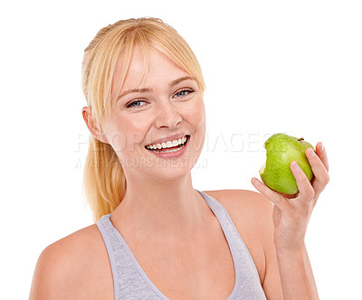 Buy stock photo Portrait, studio and happy woman with apple for diet, benefits or food to lose weight. Healthy eating, nutrition and face of girl with fruit for body wellness, digestion and smile on white background