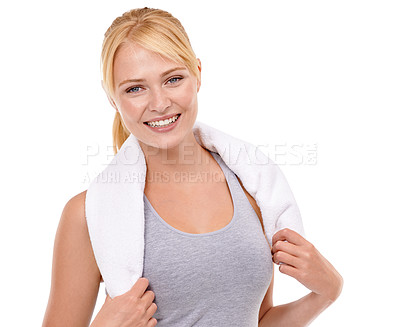 Buy stock photo Fitness, smile and portrait of woman athlete in studio for health, wellness and body workout or training. Happy, sports and young female person with towel for exercise by white background with mockup