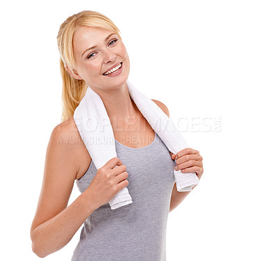 Buy stock photo Sport, smile and portrait of woman athlete in studio for health, wellness and body workout or training. Happy, fitness and young female athlete with towel for exercise by white background with mockup