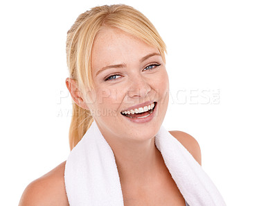 Buy stock photo Studio, portrait and woman with towel for sport, training and exercise for fitness on white background. Female person, smile and happiness with sweat cloth for workout, performance and wellness