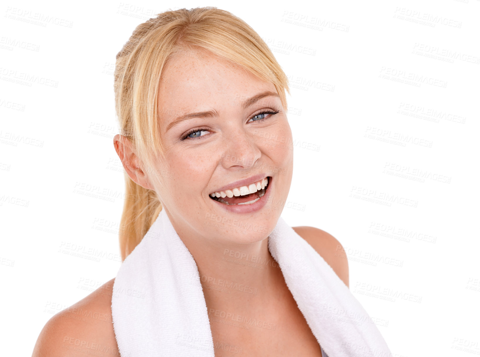 Buy stock photo Studio, portrait and woman with towel for sport, training and exercise for fitness on white background. Female person, smile and happiness with sweat cloth for workout, performance and wellness