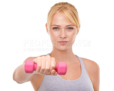Buy stock photo Fitness, portrait and woman with dumbbell weight in studio for health, wellness and body workout or training. Strength, sports and young female athlete with arm exercise isolated by white background.