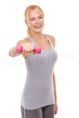 Buy stock photo Sports, portrait and woman with dumbbell weight in studio for health, wellness and body workout or training. Strength, fitness and young female athlete with arm exercise isolated by white background.