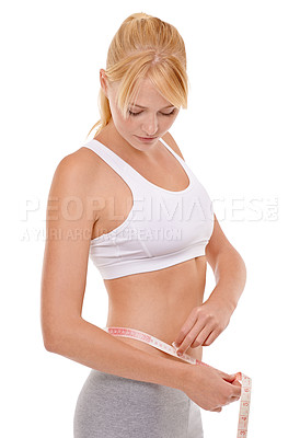 Buy stock photo Woman, stomach and tape in studio for weight loss, measuring and fitness for health. Female person, results on progress and nutrition for slim body, abdomen and workout isolated with white background