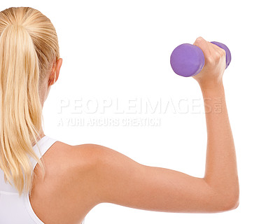 Buy stock photo Woman, dumbbell and training exercise for arm workout on white background for challenge, strength or mockup space. Female person, weightlifting and back view for gym fitness, performance or studio