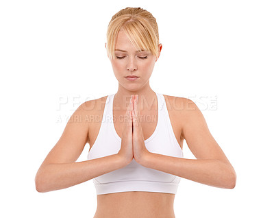 Buy stock photo Woman, yoga and meditation or namaste in studio for exercise, healthy body and wellness with fitness and zen. Pilates, person and face or warm up with sportswear for mindfulness on white background