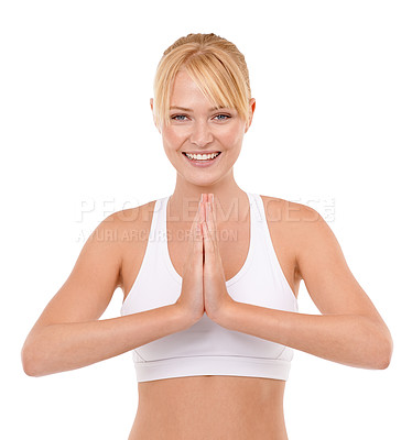 Buy stock photo Woman, portrait and meditation or namaste in studio for exercise, healthy body and wellness with smile for zen. Pilates, person and face or fitness with sportswear for mindfulness on white background