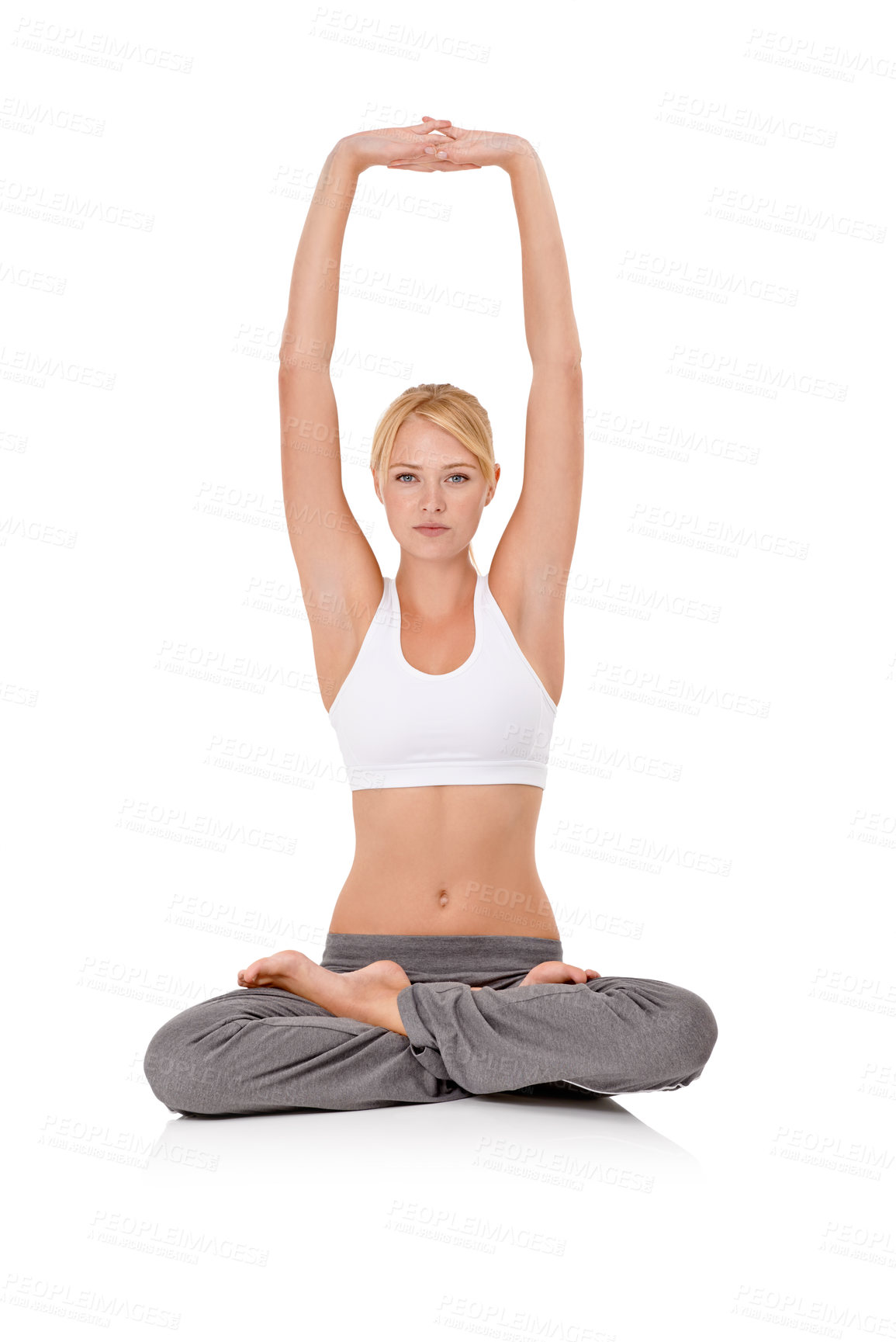 Buy stock photo Portrait, woman and yoga for stretching, studio and white background for exercise in sportswear. Girl, warm up and training with activity for balance, relaxation and fitness for physical body