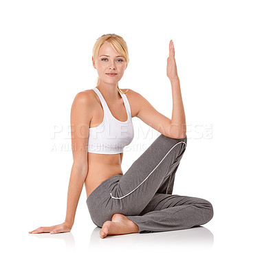 Buy stock photo Woman, portrait or yoga and stretching in studio for exercise, healthy body or wellness with fitness or smile. Pilates, person and face or flexible in sportswear for core strength on white background