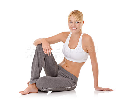 Buy stock photo Woman, portrait and fitness on floor in studio for exercise, workout and training with sportswear or happy. Model, athlete and face with smile or confidence for relax and wellness on white background
