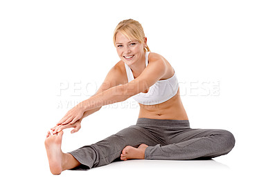 Buy stock photo Woman, legs and stretching as portrait for pilates flexibility or practice for workout warm up, wellness or white background. Female person, arm and studio for mobility training, yoga or mockup space