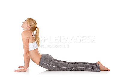 Buy stock photo Woman, yoga and stretching on floor in studio for exercise, healthy body and wellness with fitness and mockup space. Pilates, person and warm up with sportswear for flexibility on white background