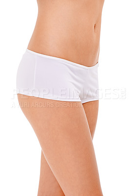 Buy stock photo Closeup, underwear and woman with lingerie, stomach and person isolated on white studio background. Model, mockup space and girl with tummy and toned with slim physique with fitness, diet or wellness