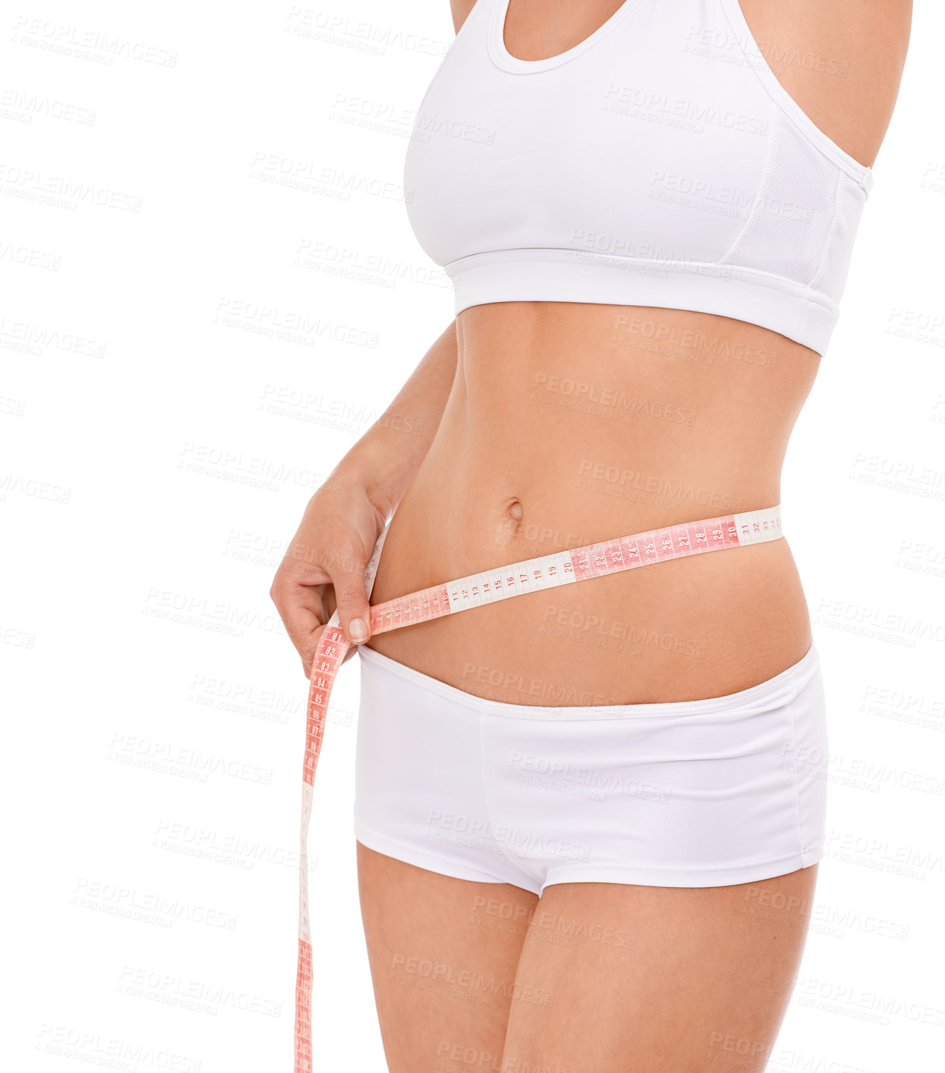 Buy stock photo Woman, abdomen and tape in studio for health, measuring and fitness for weight loss. Female person, results on progress and nutrition for slim body, stomach and workout closeup with white background