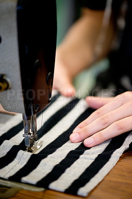 Buy stock photo Sewing, fabric and hands of person at machine with textile, fashion and process closeup in factory. Manufacturing, clothes and creative designer or tailor work with industrial embroidery technology