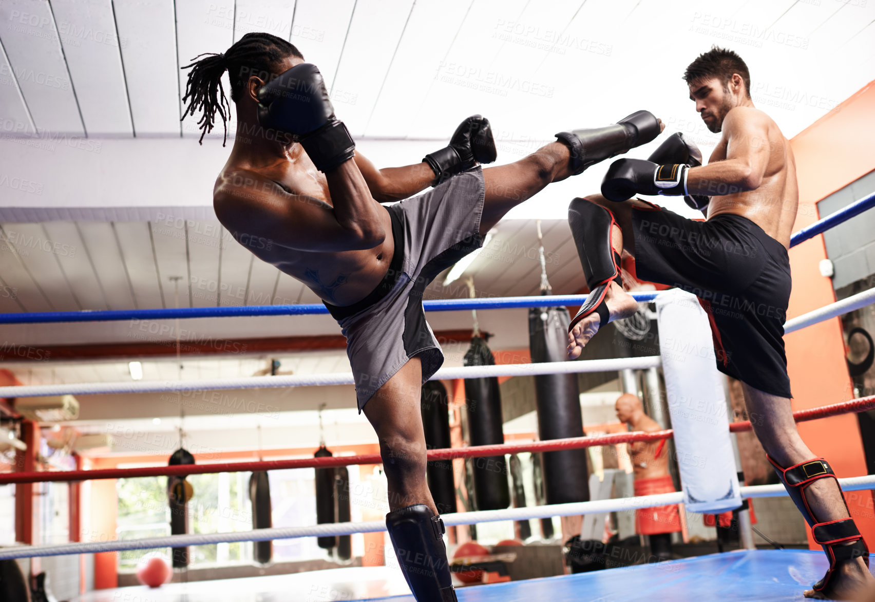 Buy stock photo Men, kickboxing and performance for fight in ring, fitness and topless for exercise and workout. People, action and practice for challenge or match, training and combat for competition in sports