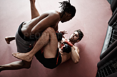 Buy stock photo Boxing, men and gloves in ring for training to fight with fitness for competition, exercise and practice for match. Kickboxing, male person and fighter with determination and workout for challenge. 