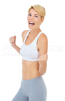 Buy stock photo Woman, portrait and success in studio for fitness achievement, training and victory on white background. Workout model, person and winner fist for health, exercise and wellness on mockup backdrop 