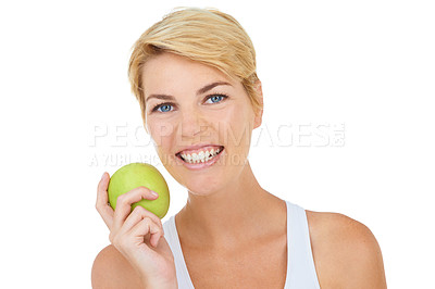 Buy stock photo Woman, portrait and green apple in studio for diet, wellness or fitness on white background, mockup or backdrop. Model, dietician or nutritionist with healthy fruit for vitamins, cleanse and workout 