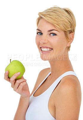 Buy stock photo Woman, portrait and health apple in studio for fitness, wellness or diet by white background, mockup or backdrop. Model, dietician and nutritionist with fruit for breakfast food, vitamins or detox