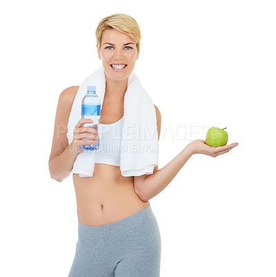 Buy stock photo Woman, portrait and water with apple for health and fitness, hydration and nutrition on white background. Sports, wellness with healthy food and drink in bottle, fruit for diet and to lose weight