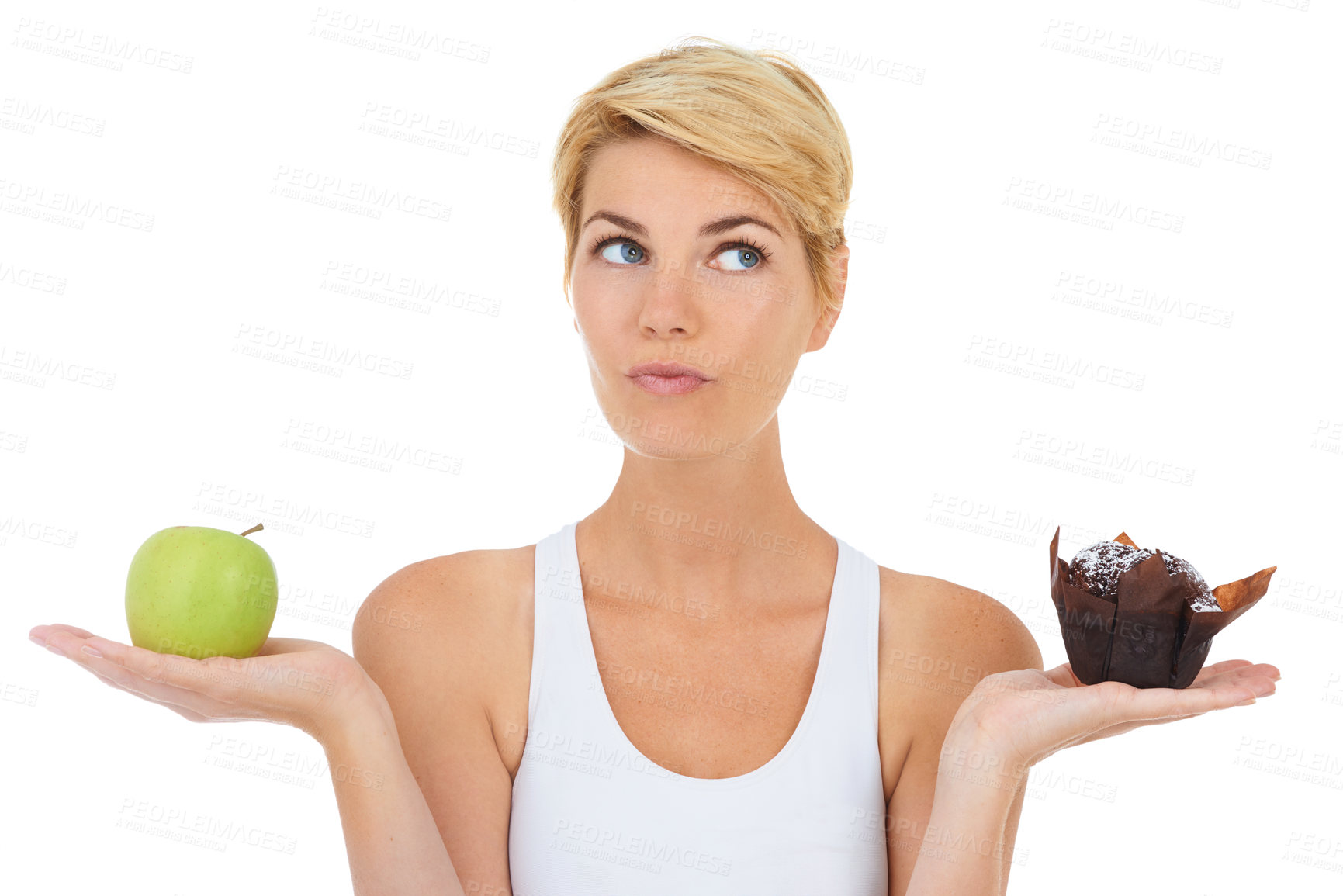 Buy stock photo Woman, fitness and health for diet option, nutrition and decision by studio for lifestyle. Female person, athlete and decide for food, workout and white background with apple and cake choice