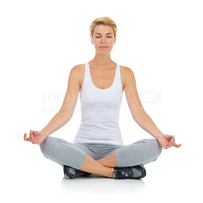 Buy stock photo Woman, lotus pose with yoga and meditation in studio with mindfulness and peace of mind on white background. Exercise, wellness and health with chakra balance for holistic healing, spiritual and zen