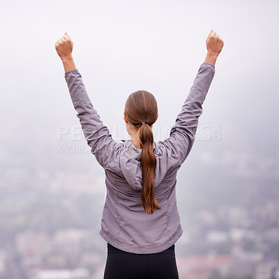 Buy stock photo Fitness, success and victory with woman in mountains for celebration of running goal or target. Exercise, achievement and cheering with back of athlete hands raised in nature for cardio workout