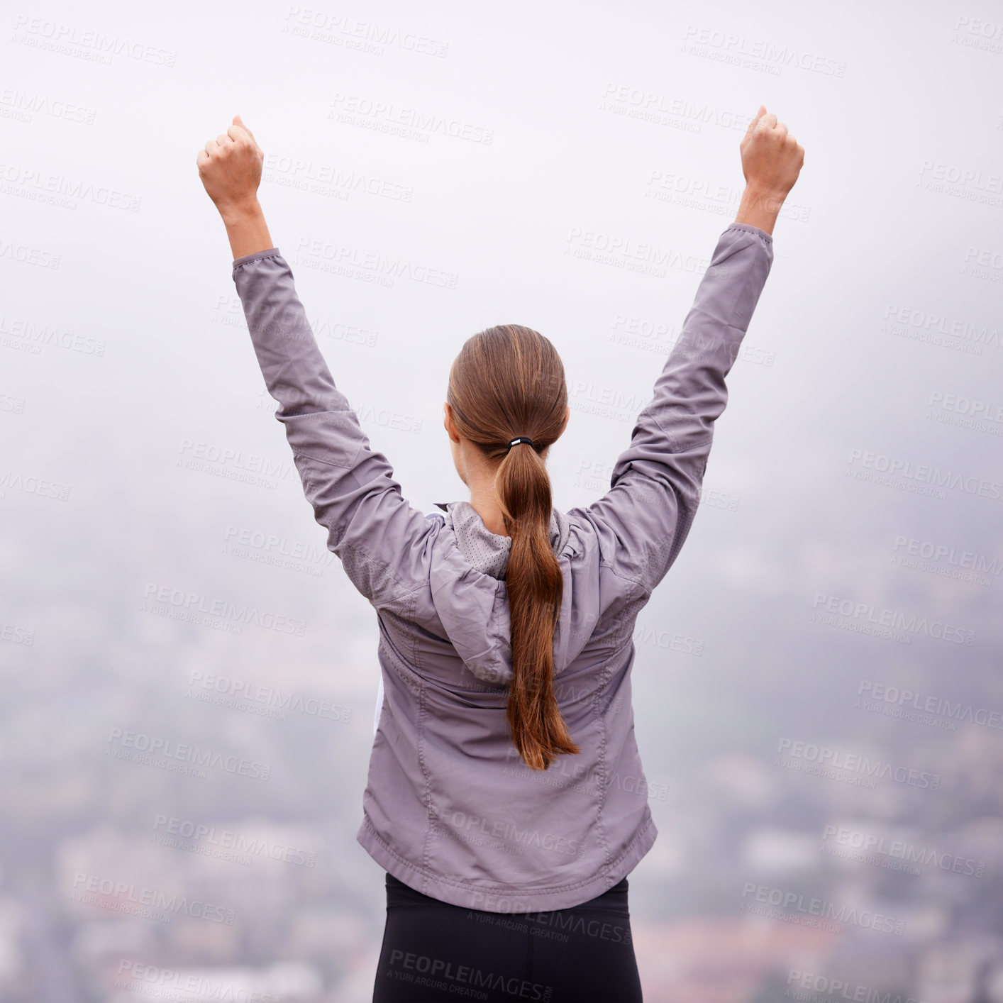 Buy stock photo Fitness, success and victory with woman in mountains for celebration of running goal or target. Exercise, achievement and cheering with back of athlete hands raised in nature for cardio workout