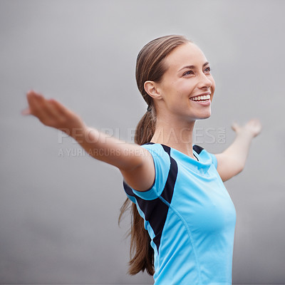 Buy stock photo Healthy, fitness and woman with open arms, excited and exercise with progress and achievement. Person, athlete or girl with celebration or runner with wellness or workout with smile, foggy or freedom