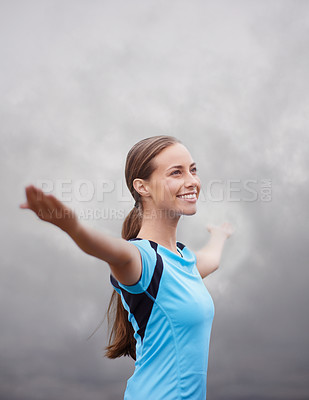 Buy stock photo Outdoor, fitness and woman with open arms, nature and excited with progress and achievement. Person, athlete and girl with celebration or runner with wellness or workout with health, smile or freedom