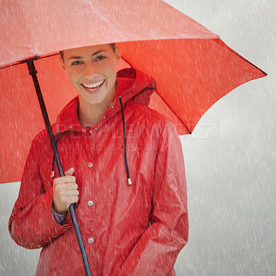Buy stock photo Woman, portrait and umbrella for protection, outdoor nature and cover from rain in weather. Female person, insurance and safety or security from storm, winter and travel to Scotland for holiday