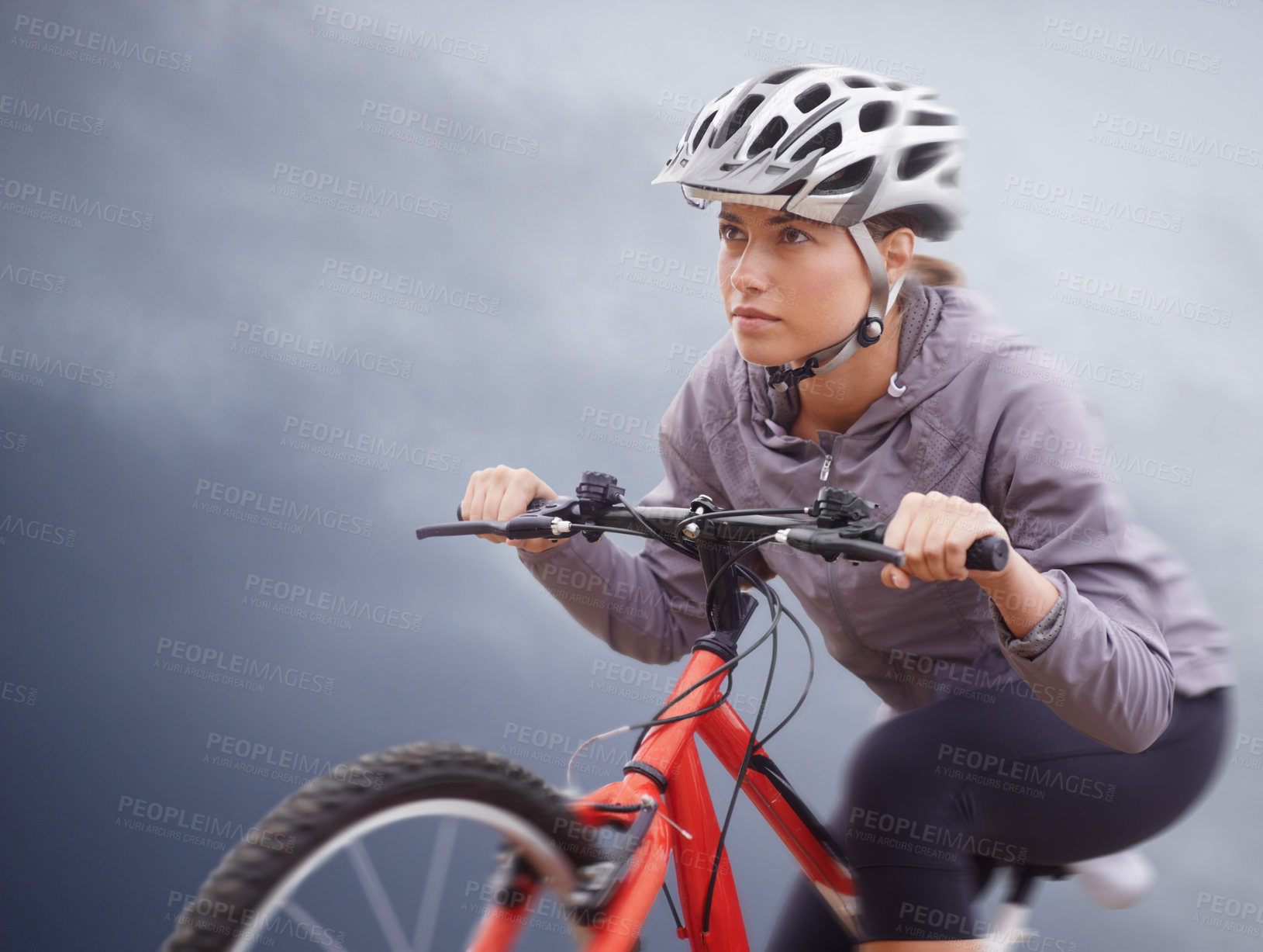 Buy stock photo Woman, bike and nature with cycling, speed and fitness for health and wellness or workout. Athlete, ride and exercise for training, transportation and adventure with helmet and cardio or confidence