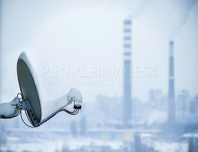 Buy stock photo Satellite, dish and winter snow in city for television signal in cold weather or infrastructure, environment or cable. Technology, equipment and freezing climate in Canada town, broadcasting or ice