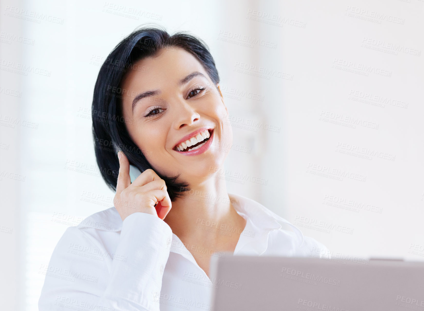 Buy stock photo Phone call, happy and  portrait of businesswoman in the office planning project with technology. Confidence, smile and professional female employee on mobile conversation with cellphone in workplace.