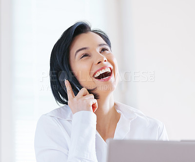 Buy stock photo Woman, business and laughing with laptop, phone call and conversation while working as Administrative Assistant. Female person, employee and cellphone for communication, career and happiness with pc