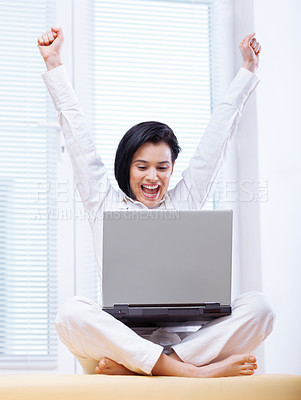 Buy stock photo Business, arms raised and woman with laptop, celebration and happiness with good news and prize. Person, employee and professional with computer and excited with giveaway and email with achievement