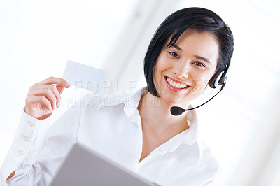 Buy stock photo Portrait, headset and call centre with business card, office and sales for online crm. Female agent, mockup or consultant for advice, help or B2B customer support with technology or telemarketing