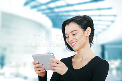 Buy stock photo Business, smile and woman with tablet, office and digital app with creative and PR consultant. Person, copywriter and entrepreneur with technology and social media with startup or website information